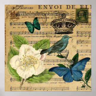 Póster modern botanical music notes french bird Camellia