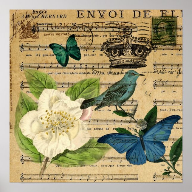 Póster modern botanical music notes french bird Camellia (Frente)