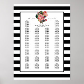 Póster MODERN Chic Wide Stripes w Roses Wedding Seating