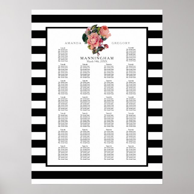 Póster MODERN Chic Wide Stripes w Roses Wedding Seating (Frente)