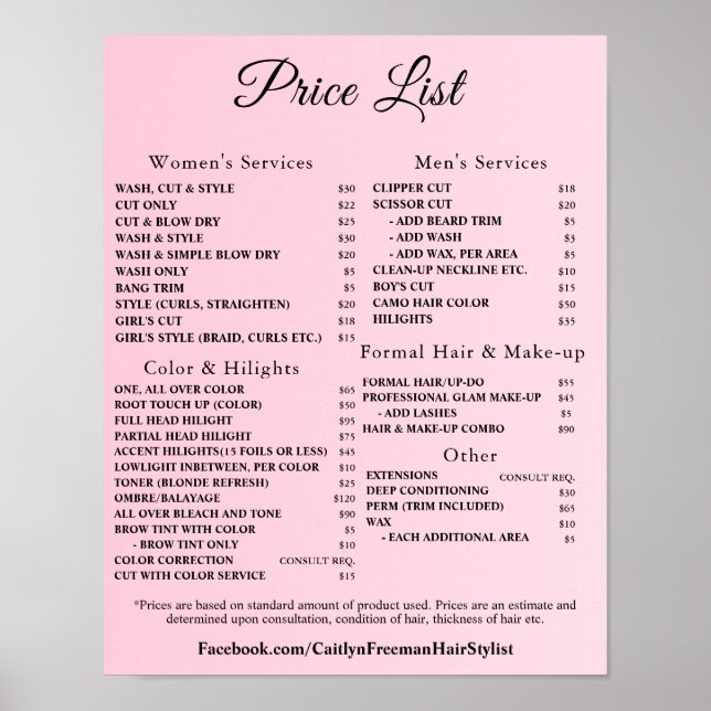 Póster Modern Elegant Beauty Salon Price List (Frente)