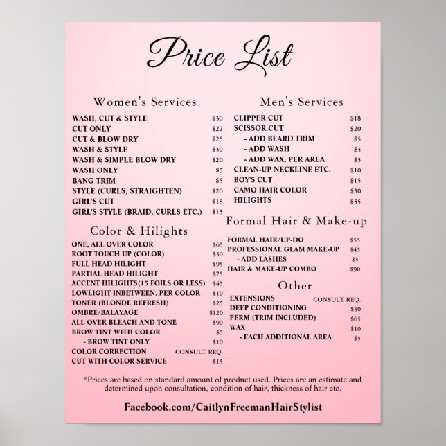 Póster Modern Elegant Beauty Salon Price List (Frente)