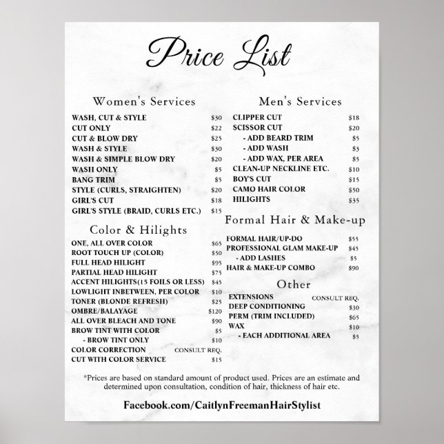 Póster Modern Elegant Beauty Salon Price List (Frente)