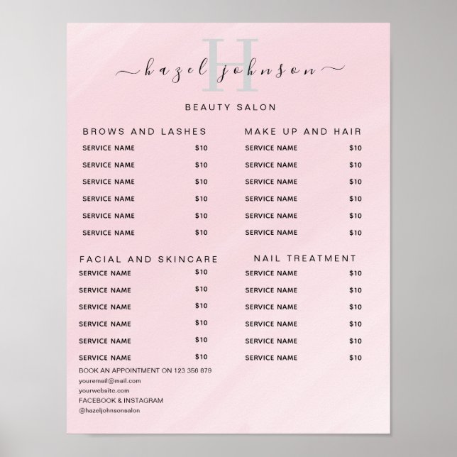 Póster Modern Elegant Beauty Salon Price List (Frente)