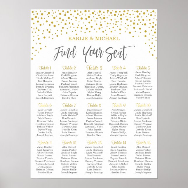 Póster Modern Elegant Gold Confetti Wedding Seating Chart (Frente)