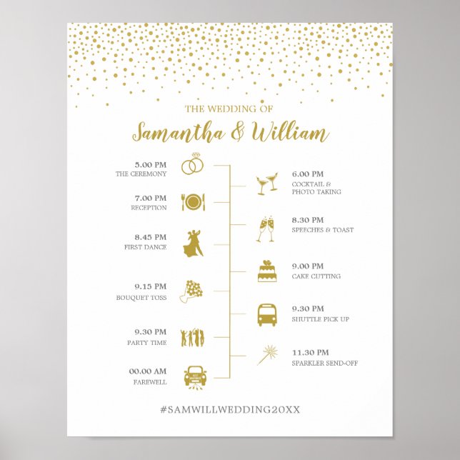 Póster Modern Elegant Gold Confetti Wedding Timeline Sign (Frente)