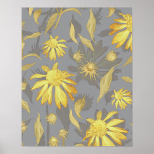 Póster Modern Elegant Gold Yellow Gray Cone Flowers