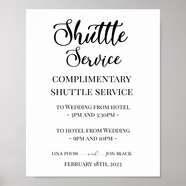Póster Modern Elegant Wedding Shuttle Service Sign (Frente)