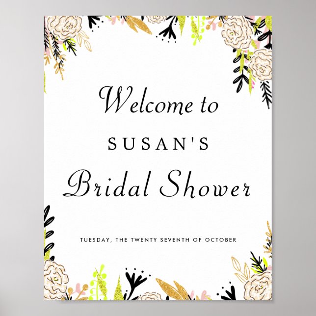Póster Modern Floral Ink Bridal Shower Sign (Frente)