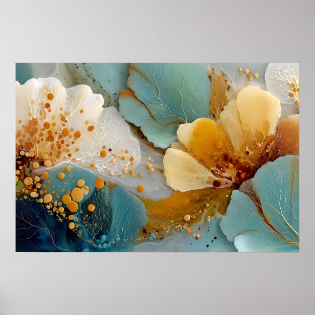 Póster Modern Fluid Abstract Teal Gold Bubbles & Veins (Frente)