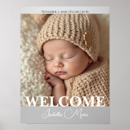 Póster  Modern Grey and White Photo Birth Announcement
