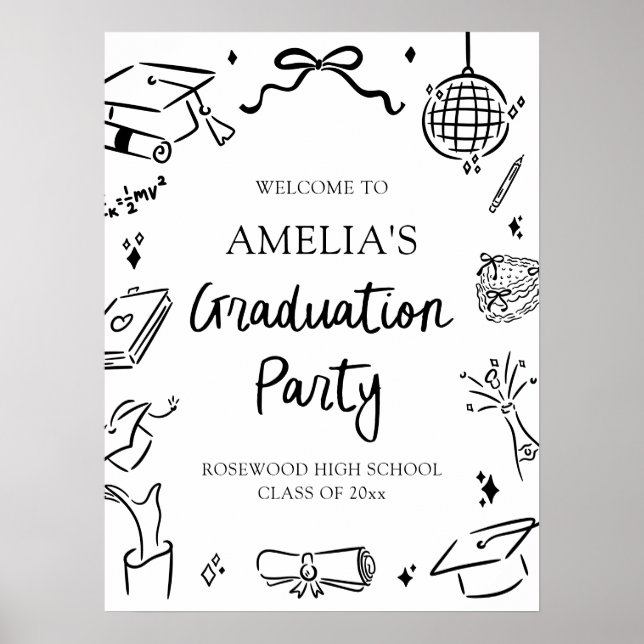 Póster Modern Hand Drawn Bow Graduation Party Welcome (Frente)