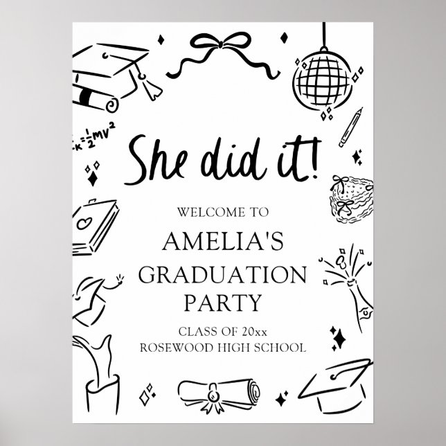 Póster Modern Hand Drawn Bow Graduation Party Welcome (Frente)