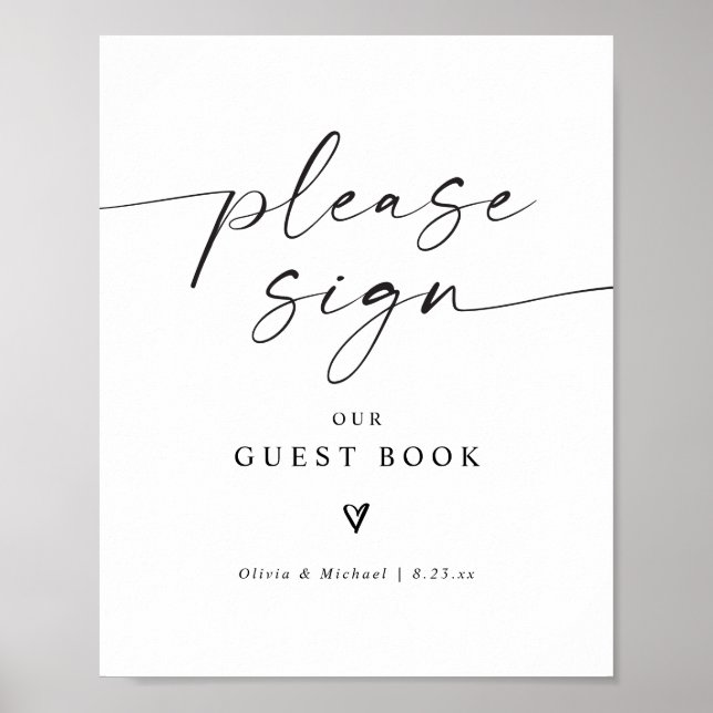 Póster Modern Handwriting Heart Wedding Guest Book Sign (Frente)