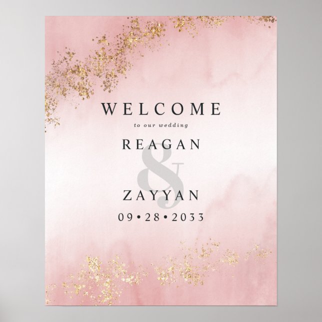 Póster Modern Luxe Gold Flecks Blush Pink Wedding Welcome (Frente)