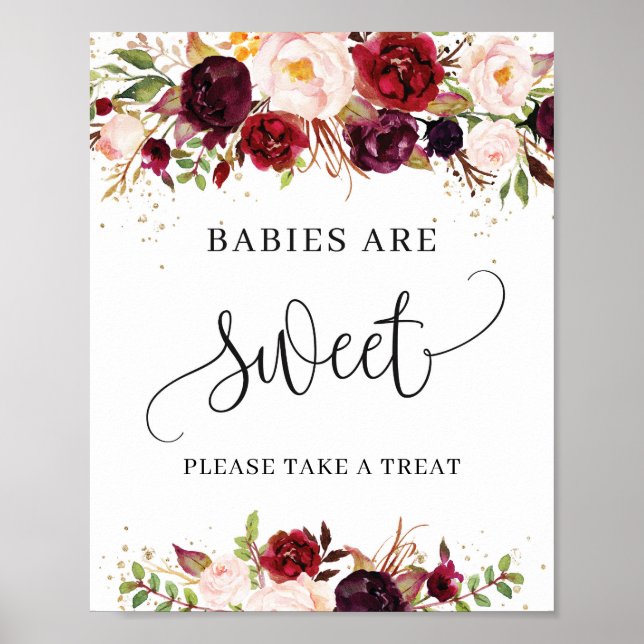 Póster Modern marsala floral gold babies are sweet sign (Frente)