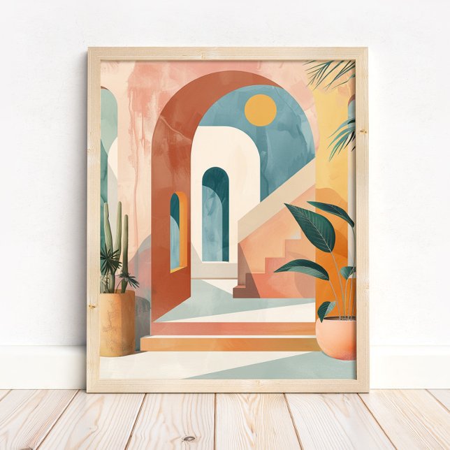 Póster Modern Mediterranean Boho Arch Wall Art Print (Modern Mediterranean Boho Arch Wall Art Print in a neutral wooden frame on the floor)