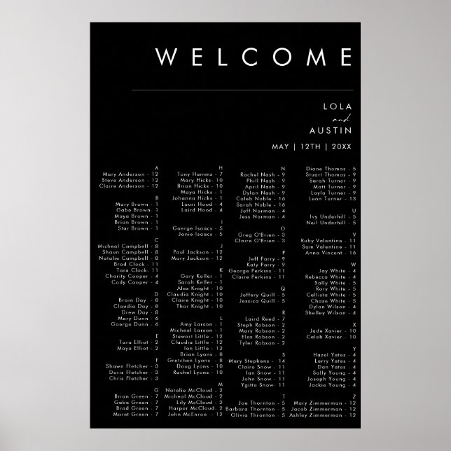 Póster Modern Minimalist Black Font Alphabetical Seating (Frente)