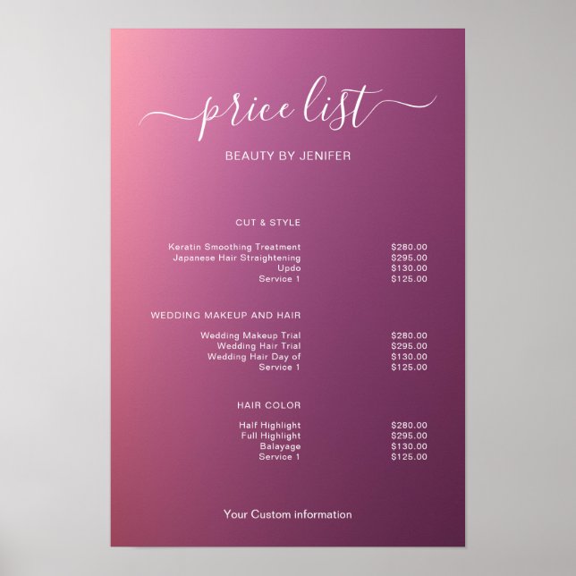 Póster Modern Minimalist Salon Price List Sign for Beauty (Frente)