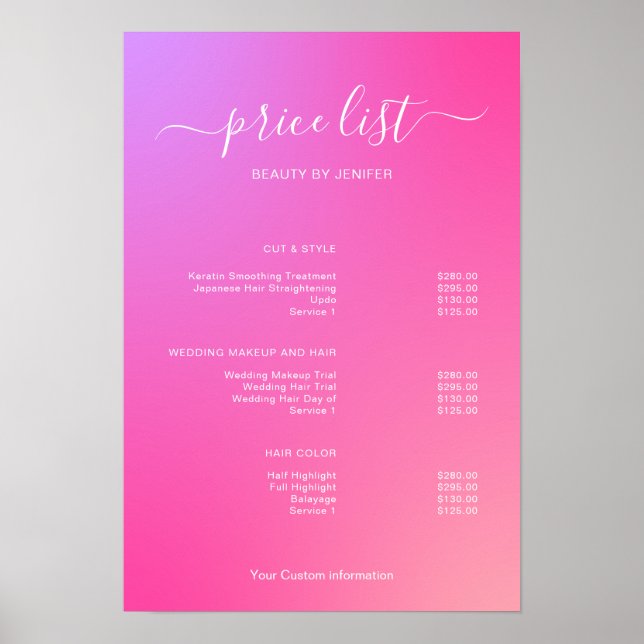 Póster Modern Minimalist Salon Price List Sign for Beauty (Frente)
