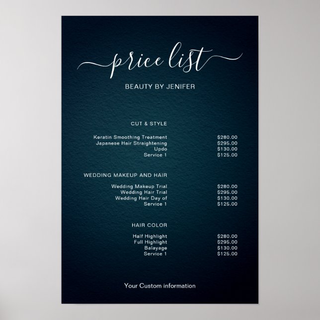 Póster Modern Minimalist Salon Price List Sign for Beauty (Frente)