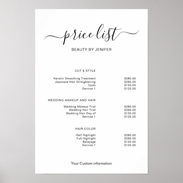 Póster Modern Minimalist Salon Price List Sign for Beauty (Frente)