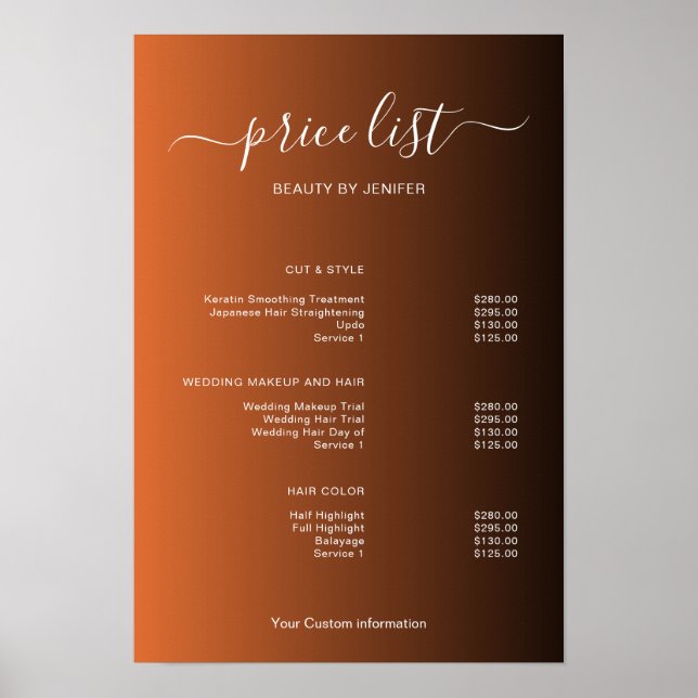 Póster Modern Minimalist Salon Price List Sign for Beauty (Frente)