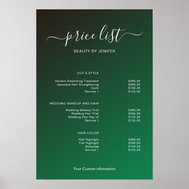 Póster Modern Minimalist Salon Price List Sign for Beauty (Frente)