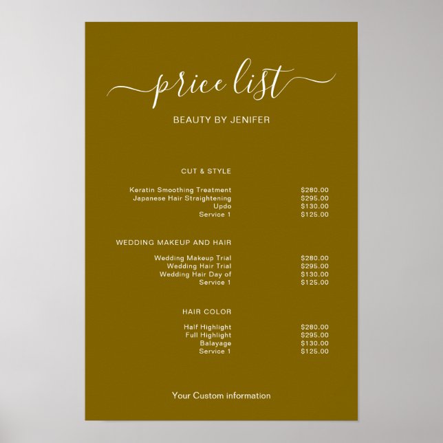 Póster Modern Minimalist Salon Price List Sign for Beauty (Frente)