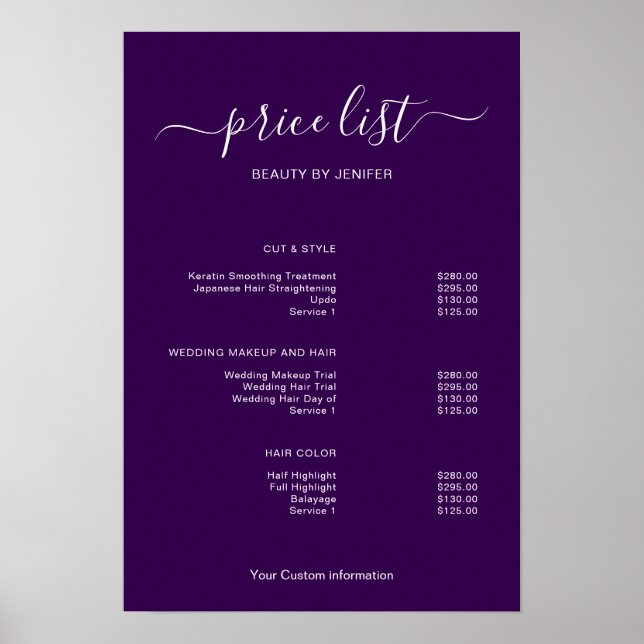 Póster Modern Minimalist Salon Price List Sign for Beauty (Frente)