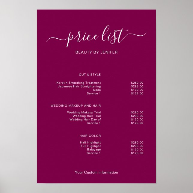 Póster Modern Minimalist Salon Price List Sign for Beauty (Frente)