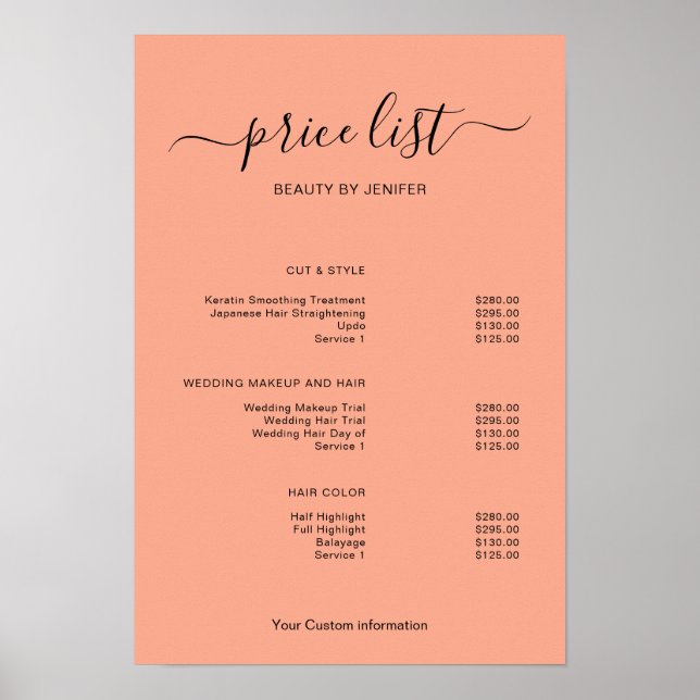 Póster Modern Minimalist Salon Price List Sign for Beauty (Frente)