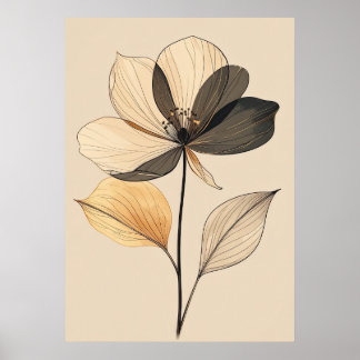 Póster Modern Minimalist Sheer Beige & Gold Floral Botani