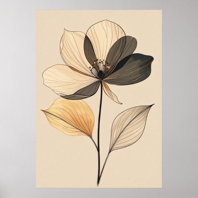 Póster Modern Minimalist Sheer Beige & Gold Floral Botani (Frente)
