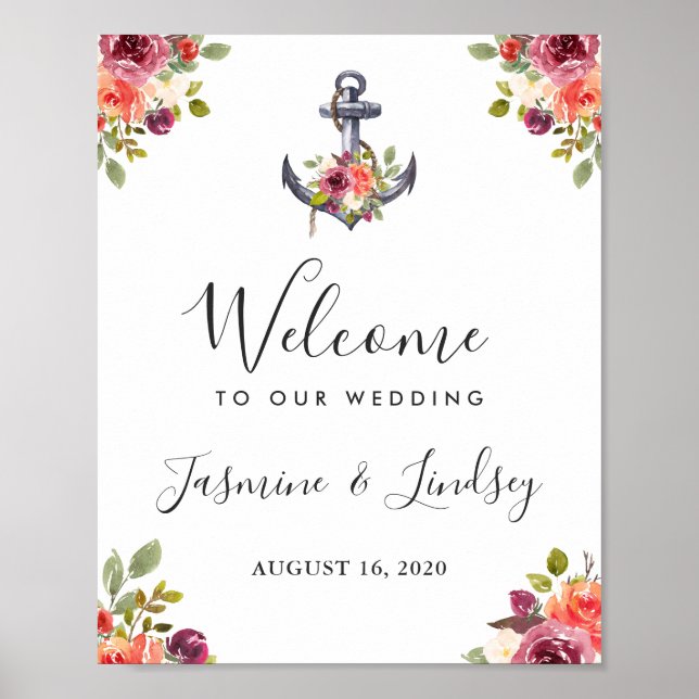 Póster Modern Nautical Anchor Floral Wedding Welcome Sign (Frente)