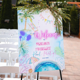 Póster Modern Neon Glow Watercolor Pool Party Welcome