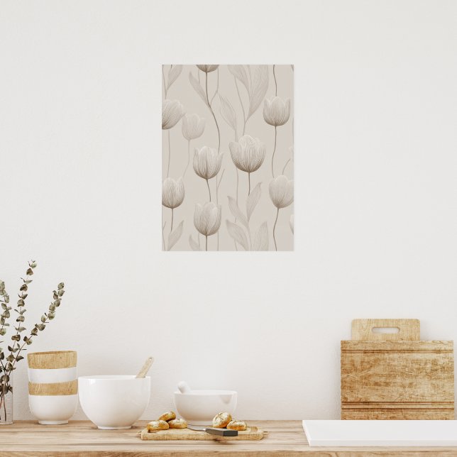 Póster Modern Neutral Tulip Ivory Floral Pattern (Cocina)