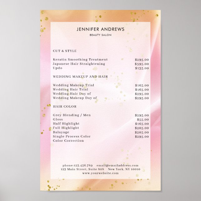 Póster Modern, Pastel Glitter Salon Price List Poster (Frente)