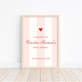 Póster Modern Pink Stripe Heart Valentine Welcome