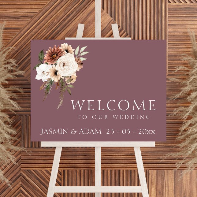 Póster Modern Purple Peach Floral Wedding Welcome Sign (Rustic Purple Peach Floral Wedding Welcome Sign)