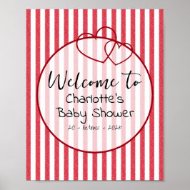 Póster Modern Red Chalk Stripes Double Hearts Baby Shower