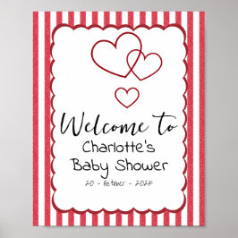 Póster Modern Red Chalk Stripes Triple Hearts Baby Shower