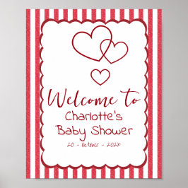 Póster Modern Red Chalk Stripes Triple Hearts Baby Shower