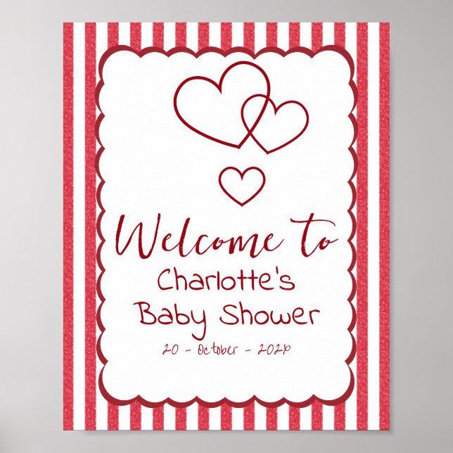 Póster Modern Red Chalk Stripes Triple Hearts Baby Shower (Frente)