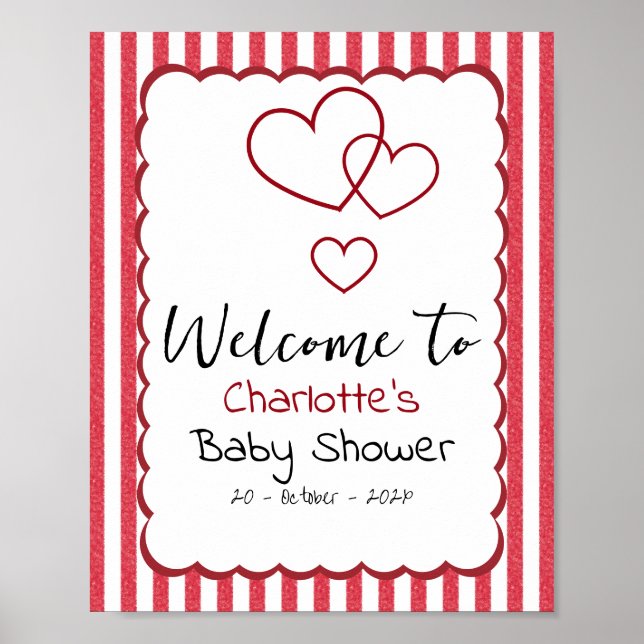 Póster Modern Red Chalk Stripes Triple Hearts Baby Shower (Frente)