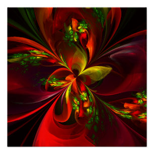 Póster Modern Red Green Floral Abstract Art Pattern #05