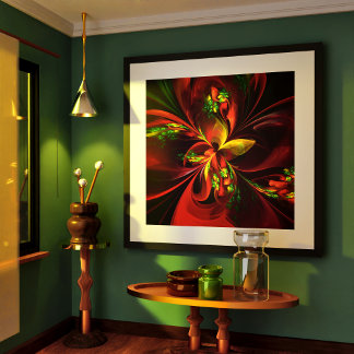 Póster Modern Red Green Floral Abstract Art Pattern #05