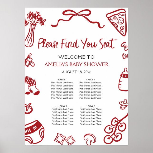 Póster Modern Red Hand Drawn Italian Pizza Seating Chart (Frente)