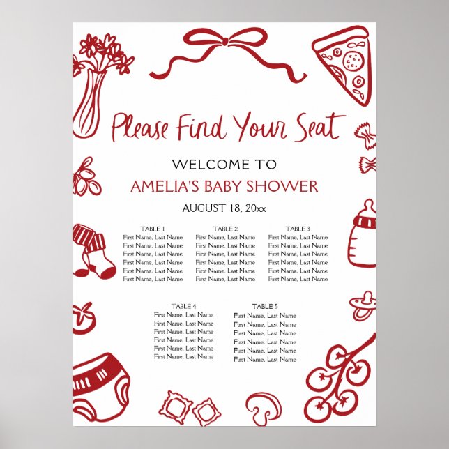 Póster Modern Red Hand Drawn Italian Pizza Seating Chart (Frente)