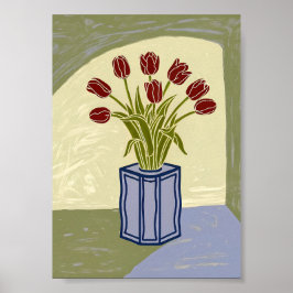 Póster Modern Red Tulips in Blue Square Vase Art Poster 